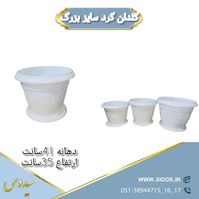 A plastic pot with a round sidoos flower shrub,گلدان پلاستیکی درختچه ای گرد گلرو سیدوس